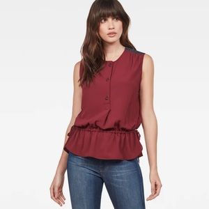 G-Star Burgundy Sleeveless Drawstring Peplum Blouse with Navy Shoulder Trim